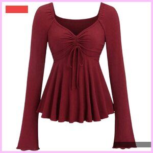 Women's Long Sleeve Peplum Top Sweetheart Neckline Tie Front Babydoll